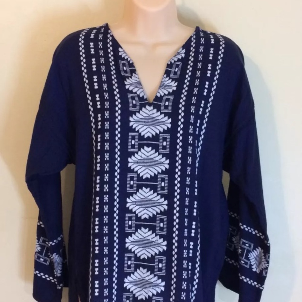 Blue Tunic Top Blouse White Embroidery Geometric Design Large